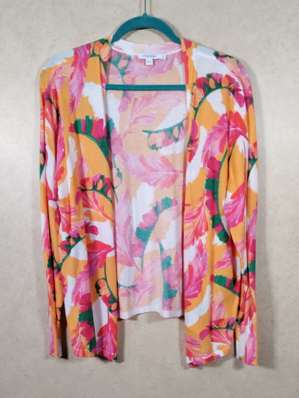 I136 Chico's Yellow Open-Front Cardigan with Pink & Green Floral Print XL